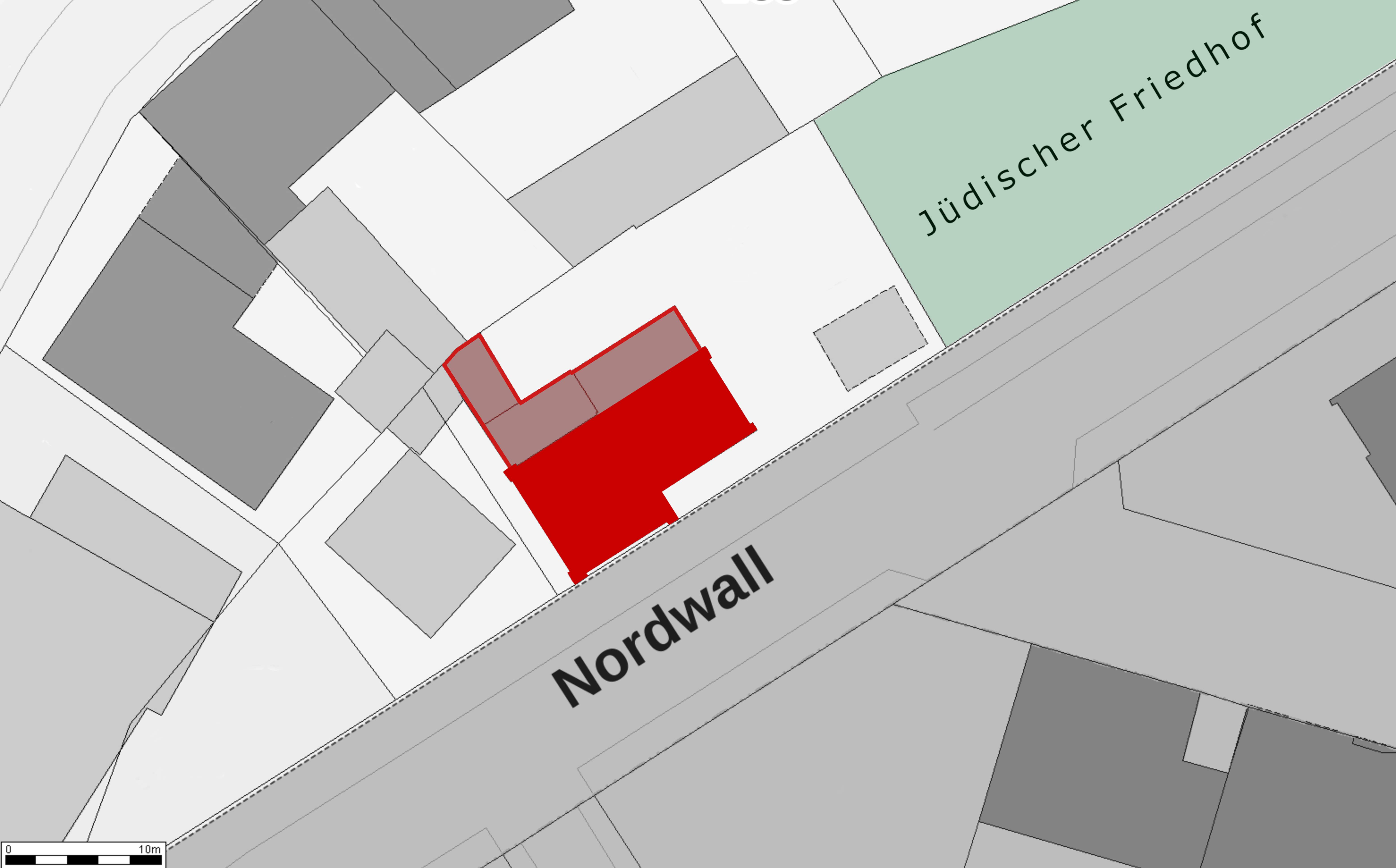 Lage der Schule am Nordwall neben dem jüdischen Friedhof.