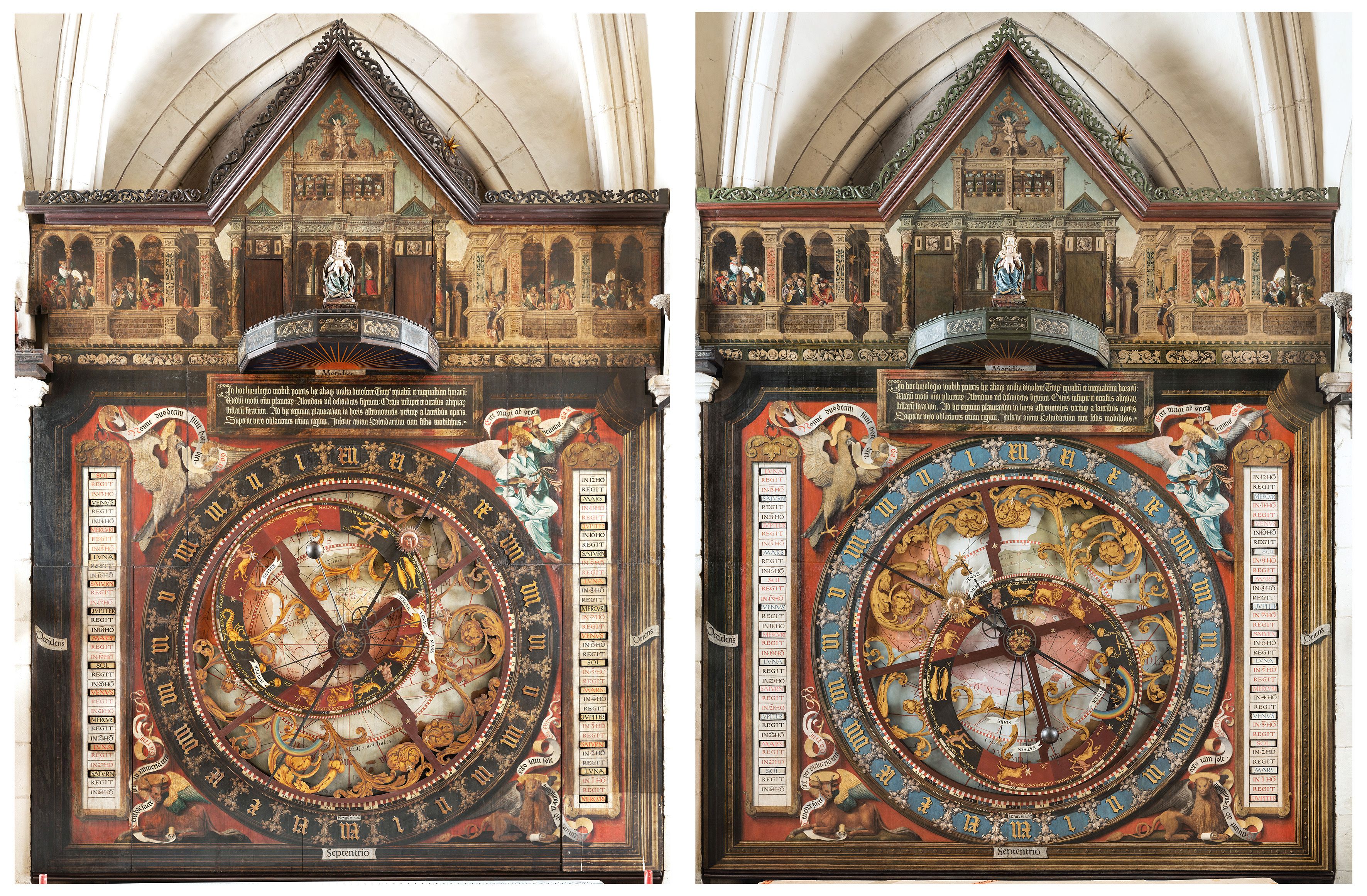 Das Obergeschoss der Astronomischen Uhr im Vor- und Endzustand, Foto: Stephan Kube