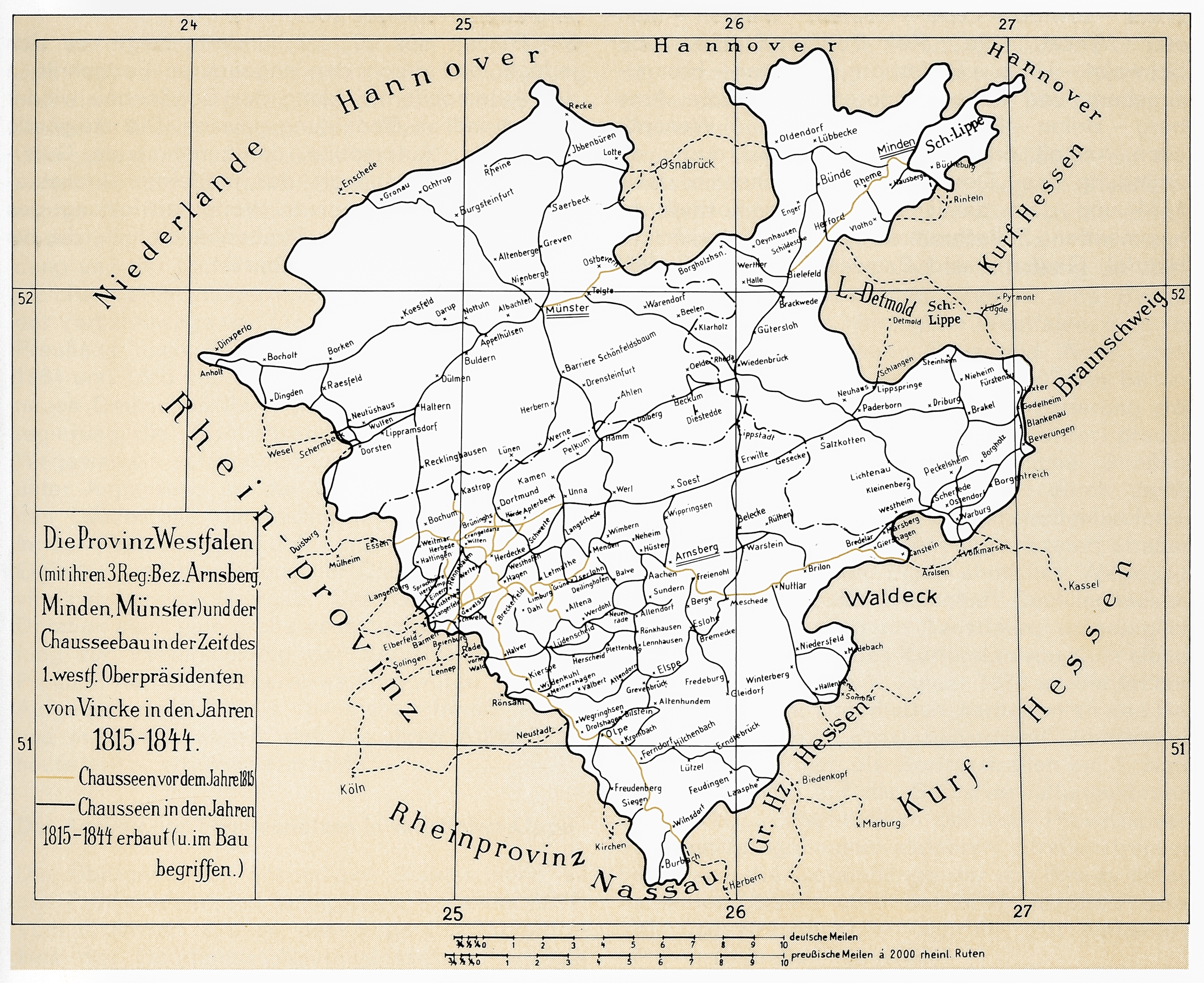 Karte der Provinz Westfalen 1815–1844. Gelb markiert der Verlauf der Minden-Koblenzer Chaussee von Minden bis Freudenberg