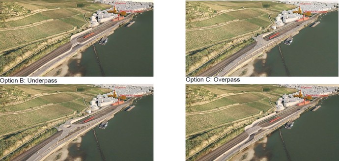 Visualisierungen als wichtige Grundlage zur Beurteilung der Schwere der Auswirkungen von Vorhaben, hier eines Bahnüberganges im Mittelrheintal