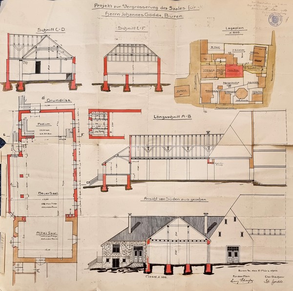 Historische Bauakte Burgstraße 32 in Büren. Links unten der „Alte Saal“, ein hochmittelalterliches Steinhaus, 2023 von der Bauforschung entdeckt