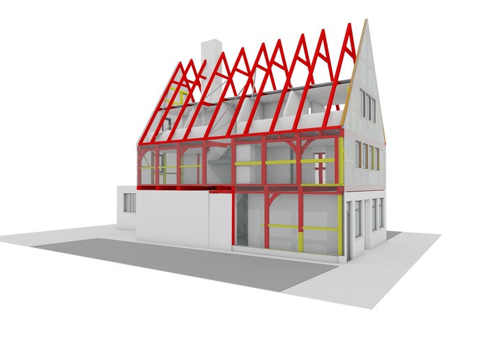 3-D-Darstellung des Fachwerkgerüsts. Rot: Bauzeit 1423. Gelb: Spätere Veränderung
