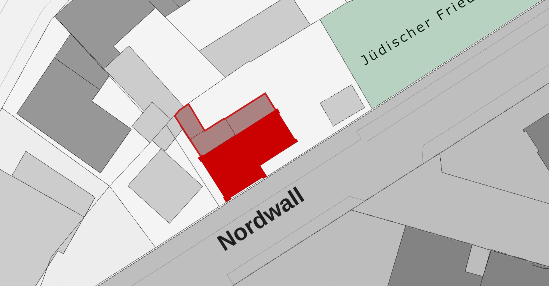 Lage der Schule am Nordwall neben dem jüdischen Friedhof.