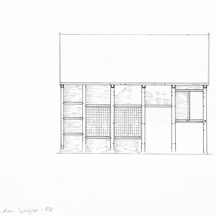 Synagoge um 1740, nordwestliche Fassade, Rekonstruktionszeichnung (vergrößerte Bildansicht wird geöffnet)