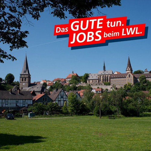 Stadtansicht mit Schriftzug "Das Gute tun, Jobs beim LWL"