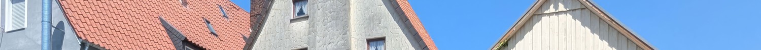 Eingang durch den grünen Bewuchs in das Traufgässchen. (Der strukturierte Putz an Garage und Giebelseite ist modern).