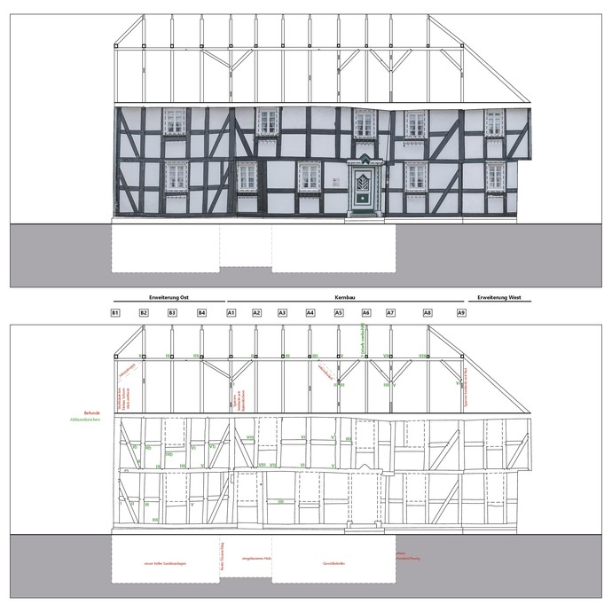 Fotogrammetrisch entzerrte Ansicht und Durchzeichnung der Nordfassade mit Eintragung der Bauspuren