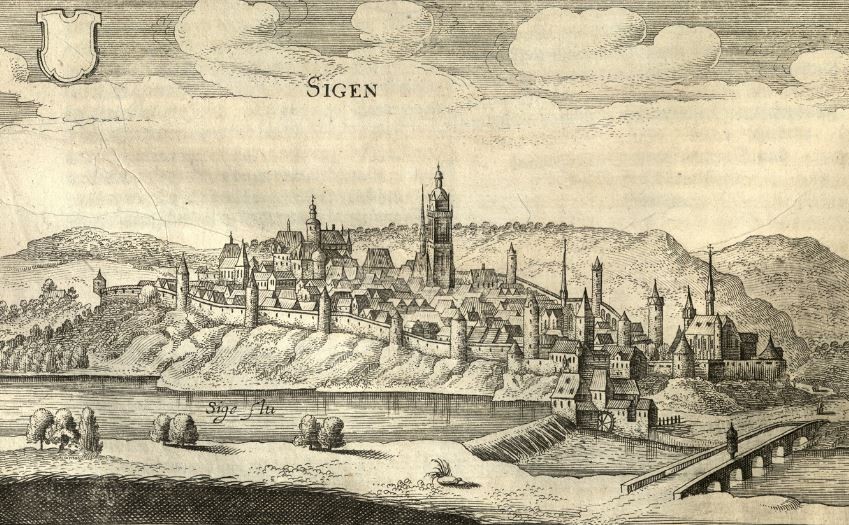 Ansicht Siegens von Nordwesten aus der Topographia Hassiae von Matthäus Merian, 1646