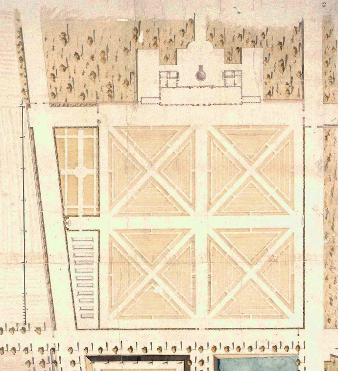 Ausschnitt aus dem Entwurf von J. C. Schlaun zur neuen, nordwestlichen Gartenpartie mit Orangerie und zugehörigem Garten von 1726/30