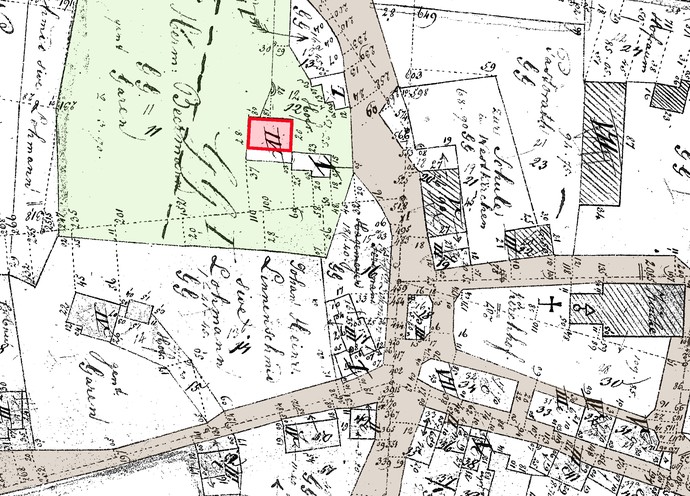Das Haupthaus von Hof Beermann (rot markiert) in der Dorfmitte von Westkirchen nach dem Preußischen Urhandriss von 1829 (Plan in Nordrichtung gedreht)