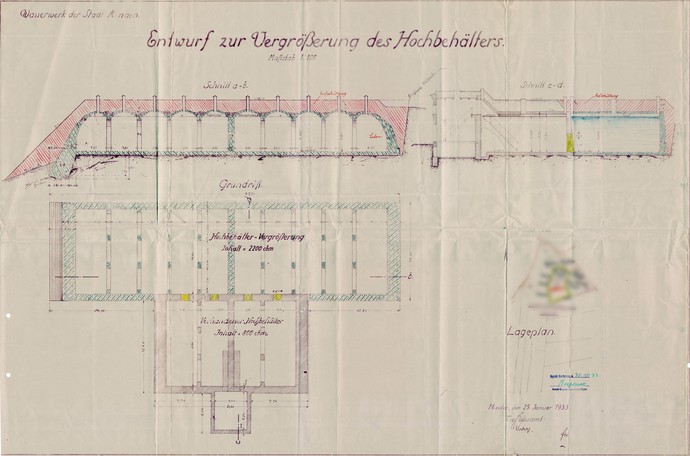 Plan zur Erweiterung des Hochbehälters von 1933, Städtisches Tiefbauamt Minden
