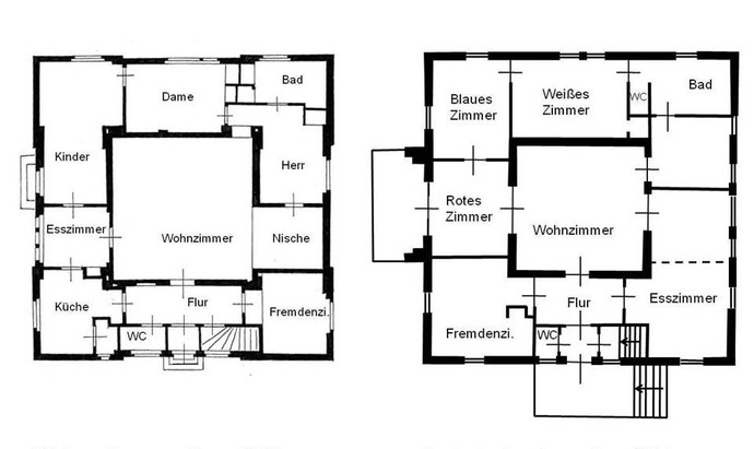 Links: Grundriss Haus „Am Horn“, Weimar (1923). Rechts: Grundriss „Landhaus Ilse“, Burbach (1924)