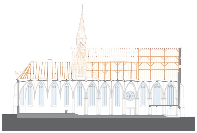 Längsschnitt der Apostelkirche, Blick nach Süden