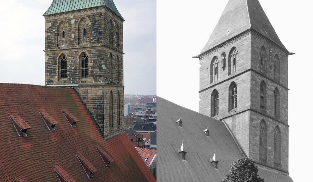 Vergleich: heutige Ansicht und historisches Foto St. Dionysus in Rheine