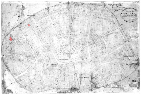 Urkataster der Stadt Unna von 1829 mit Fortschreibungen des 19. Jahrhunderts. Markiert sind zwei von der Bauforschung 2019 untersuchte Häuser