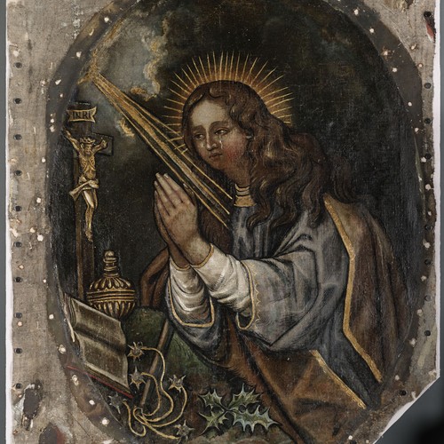 Leinwandgemälde der Hl. Maria Magdalena, die vor einem Kruzifix betet