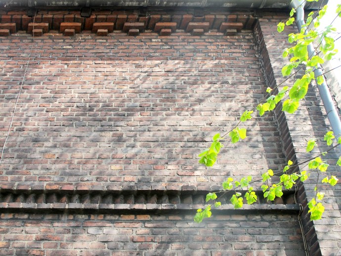 Unverputztes bauzeitliches Mauerwerk an der Westseite des Hauses.