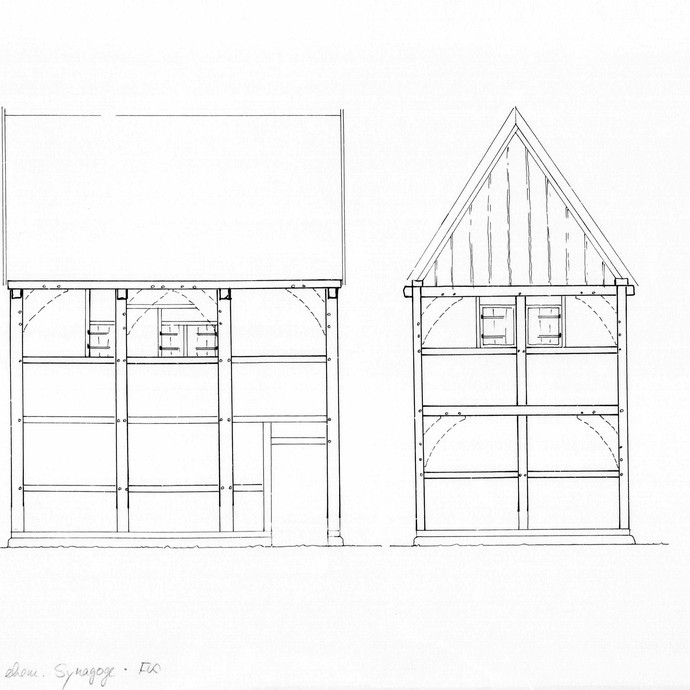 Speicher um 1500, nordwestliche und südwestliche Fassade, Rekonstruktionszeichnungen (vergrößerte Bildansicht wird geöffnet)